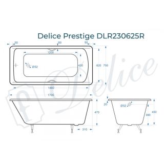 Ванна чугунная Delice Prestige DLR230625R 170х75 с отверстиями под ручки
